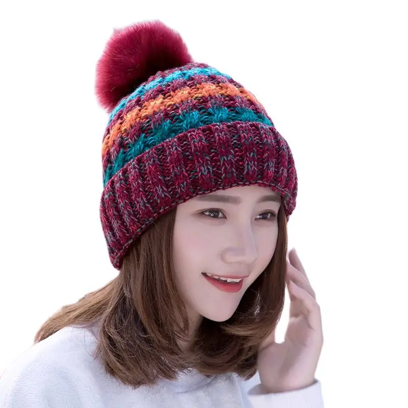 Hats for Women Fashion Woolen Beanies Keep Warm Plus Velvet Outdoor Fur Ball Warm Causal Korean Knitted Hat