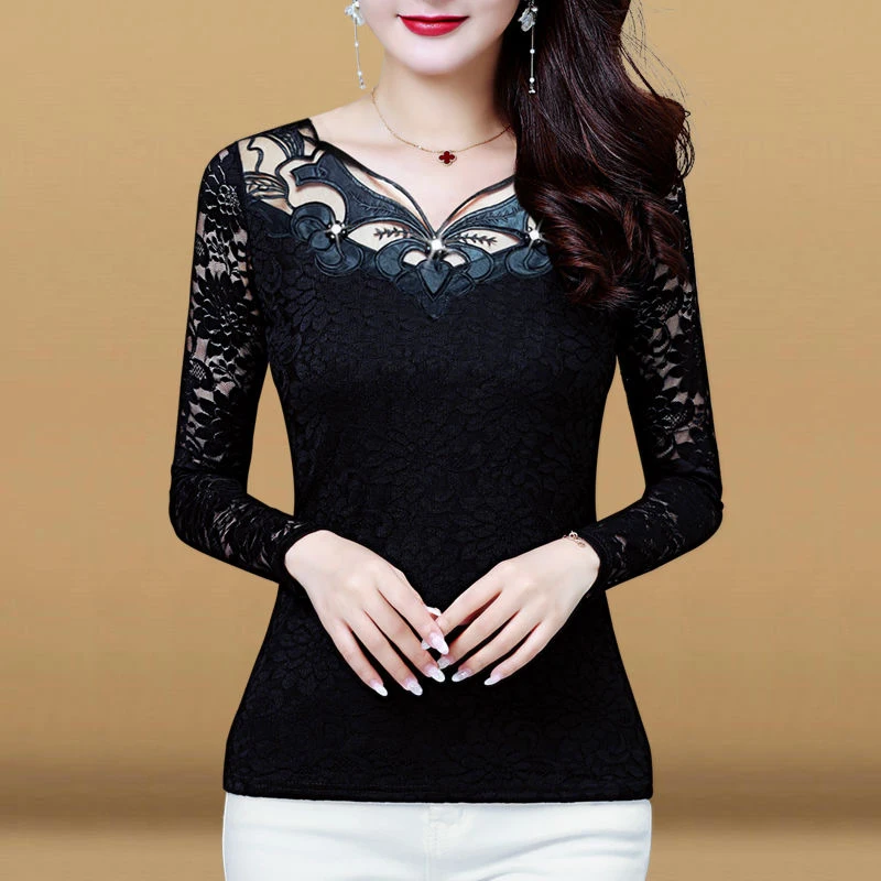 New Spring Autumn Style Casual Women Lace Blouses Long Sleeve Shirts Lady O-Neck Slim Black Lace Blusas Tops M-5XL