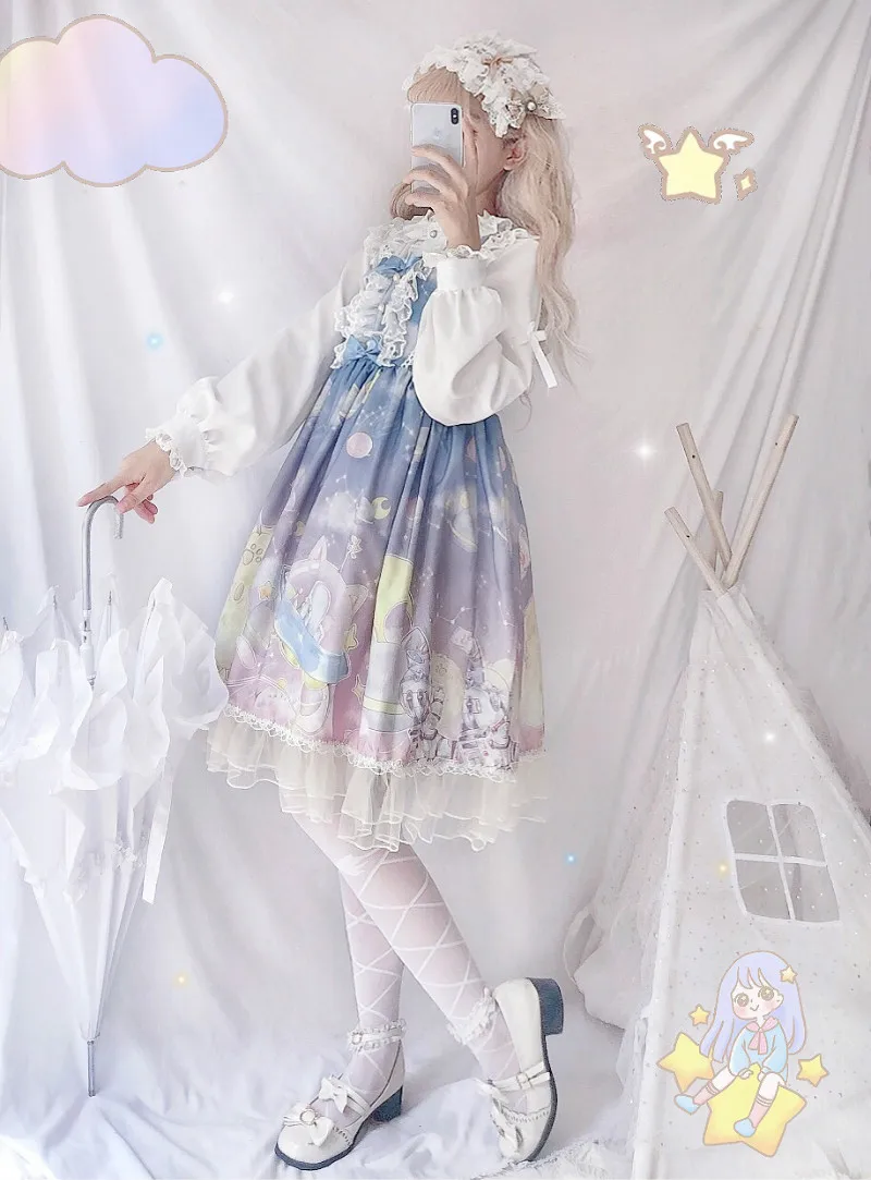 Платье в стиле Лолиты; милое платье в японском стиле Kawaii; платье принцессы для девочек в винтажном готическом стиле; кружевная розовая летняя юбка с принтом