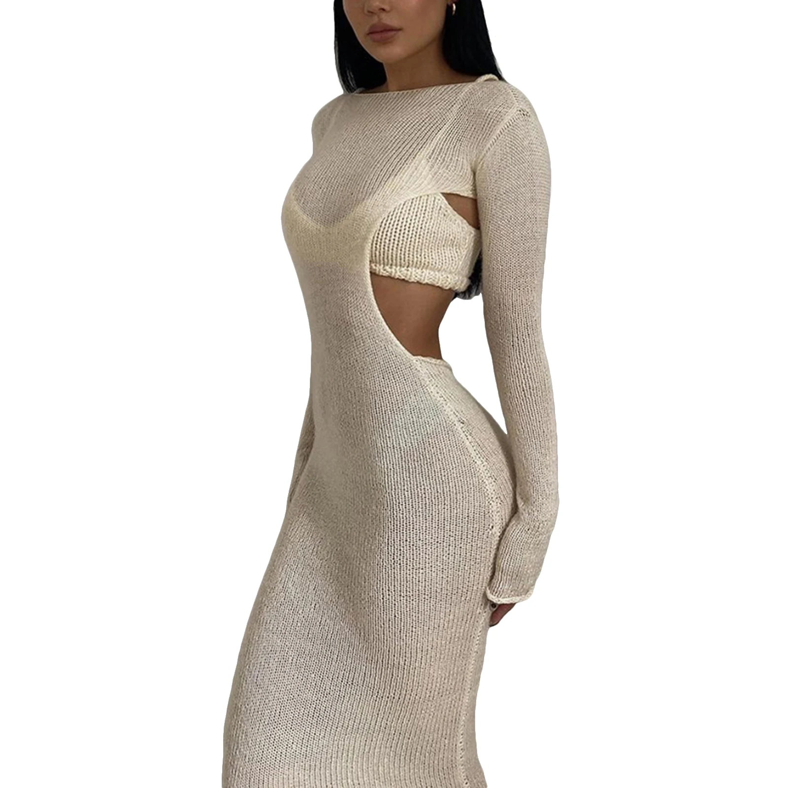 

Женский облегающий комплект из 2 предметов, однотонное платье абрикосового цвета с открытой спиной, майка и топ на осень