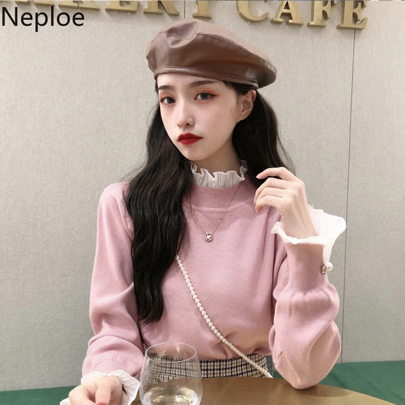 Neploe дизайнерский шерстяной свитер с ушками высоким воротником кружевами в стиле