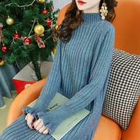 2021 autumn winter half turtleneck khaki long knitted sweater pullovers women loose long sleeve jumper pull femme knit striped