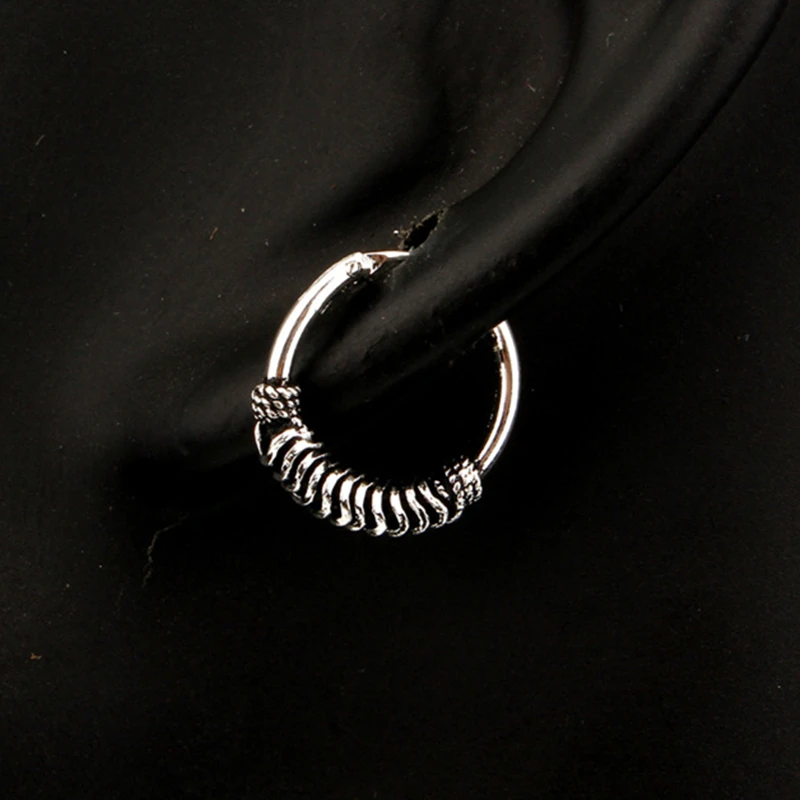 

Thai Silver Retro Small Hoop Earrings With Beads Spiral Coils For Women Men 925 Sterling Silver Round Ear Bone Buckle Ear Hoop