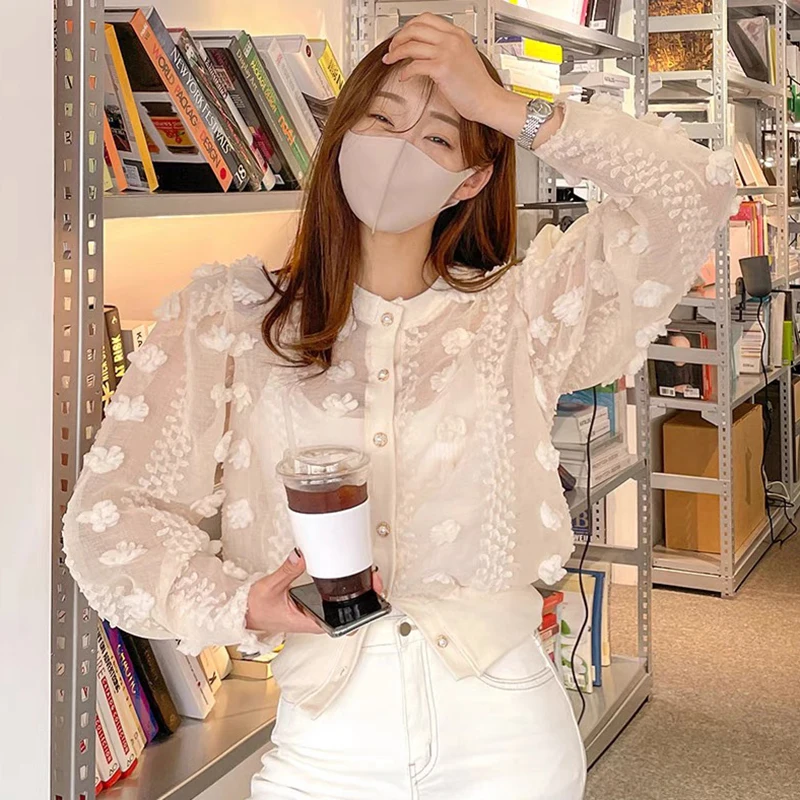 

GALCAUR White Casual Shirt For Women O Neck Puff Three Quarter Sleeve Single Breasted Solid Blouses Females 2021 Summer Clothing