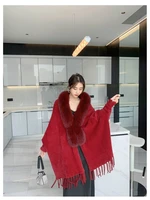 womens luxury batwing sleeve cape real fox fur trim collar clark poncho sweater wraps