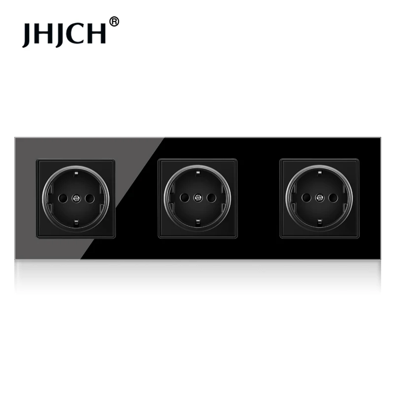 JHJCH Crystal Tempered Glass Panel 2,3 ,4Gang Power Wall Socket Grounded 16A EU Standard Electrical Triple Outlet