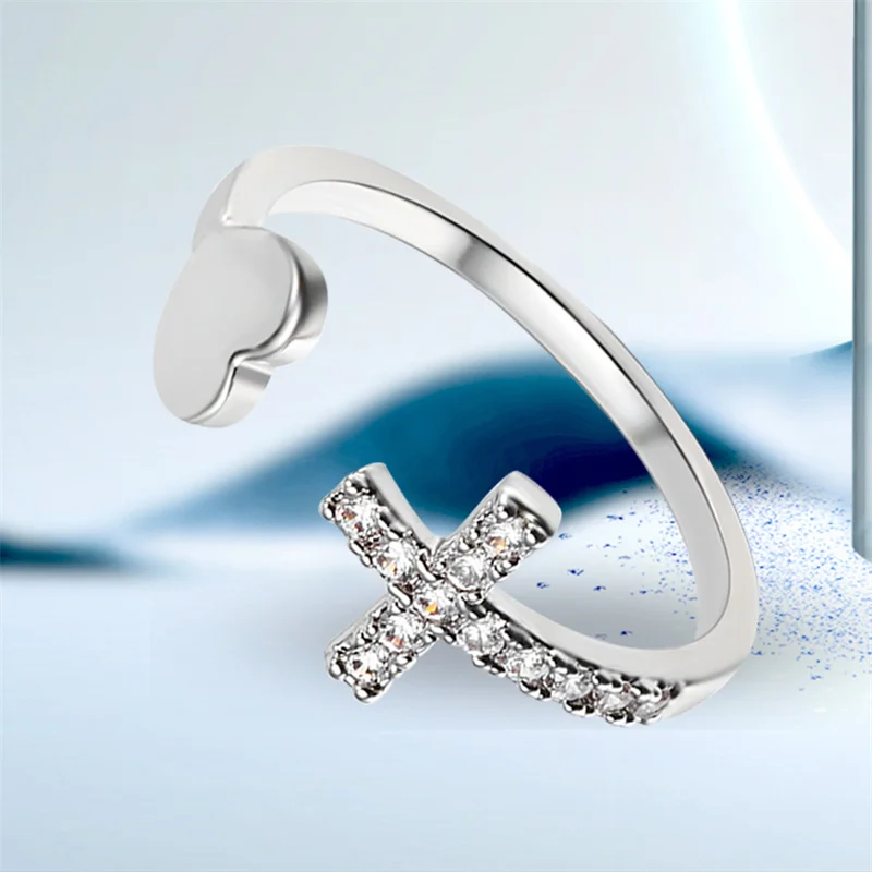 

Silver Color Alloy Cross Heart Rhinestone Mosaic Opening Ring Simple Round Single Row Zircon Rings Fashion Party Jewelry Gift