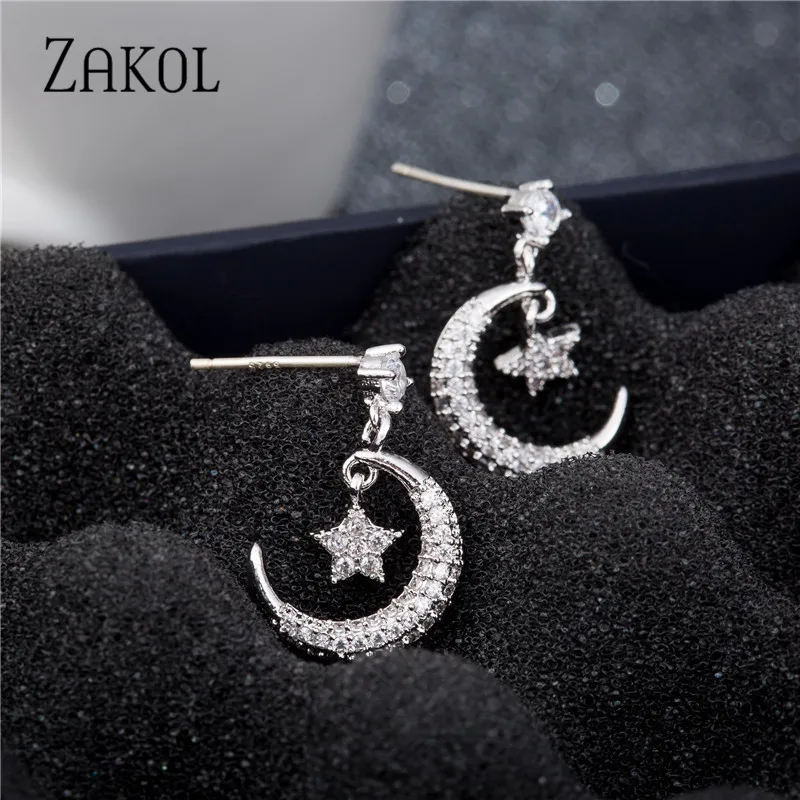 ZAKOL модные блестящие серьги с фианитом и кристаллами Звезды Луны для женщин
