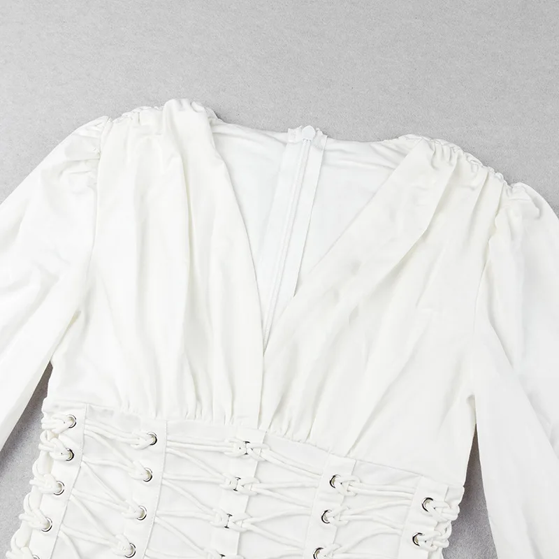 

2020 New Trendy White Dress Cross Lace-up Design Puff Sleeves Sexy V Neck Celebrity Party Club Mini Dress