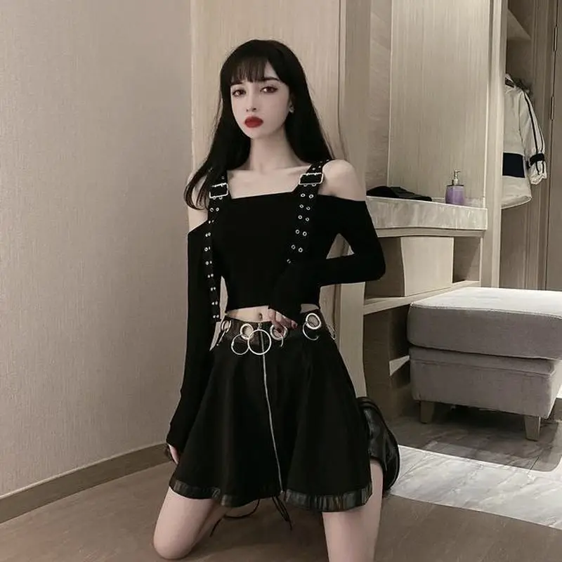 

Женский однотонный костюм, облегающая футболка с длинным рукавом и винтажная юбка-трапеция с темными кругами, новые корейские модные компл...