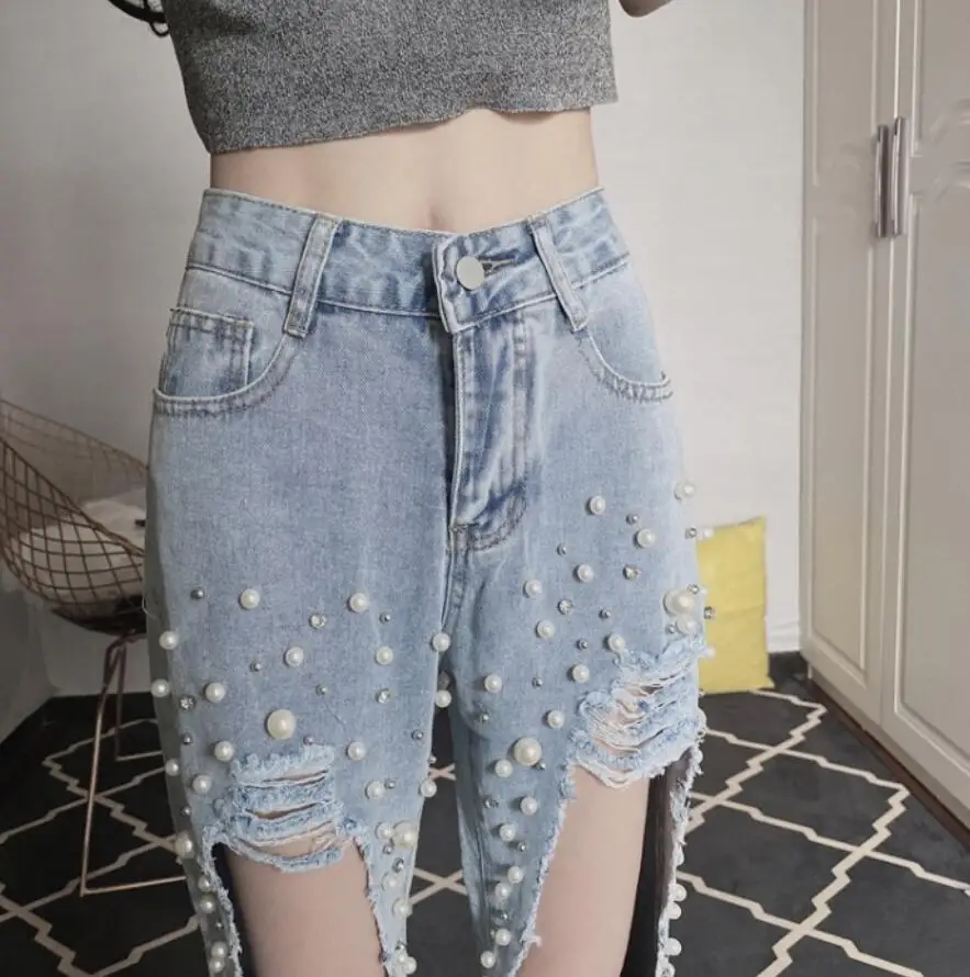 

Spring Summer High Waist Ripped Harem Jeans Women Beading Hole Casual Fashion Loose Denim Pants s848