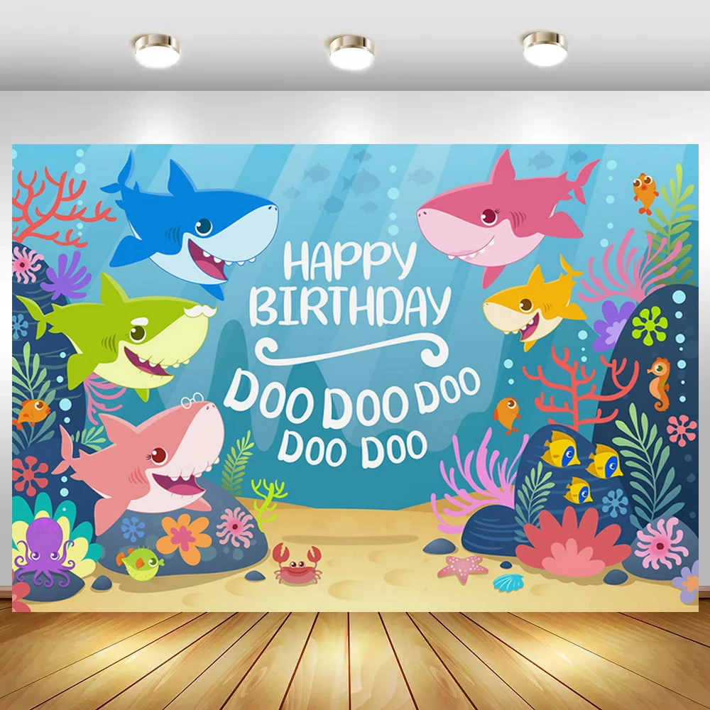 

Underwater Cartoon Sharks Little Baby Shower Photo Background Happy Birthday Bubbles Coral Custom Party Backdrop Table Decor