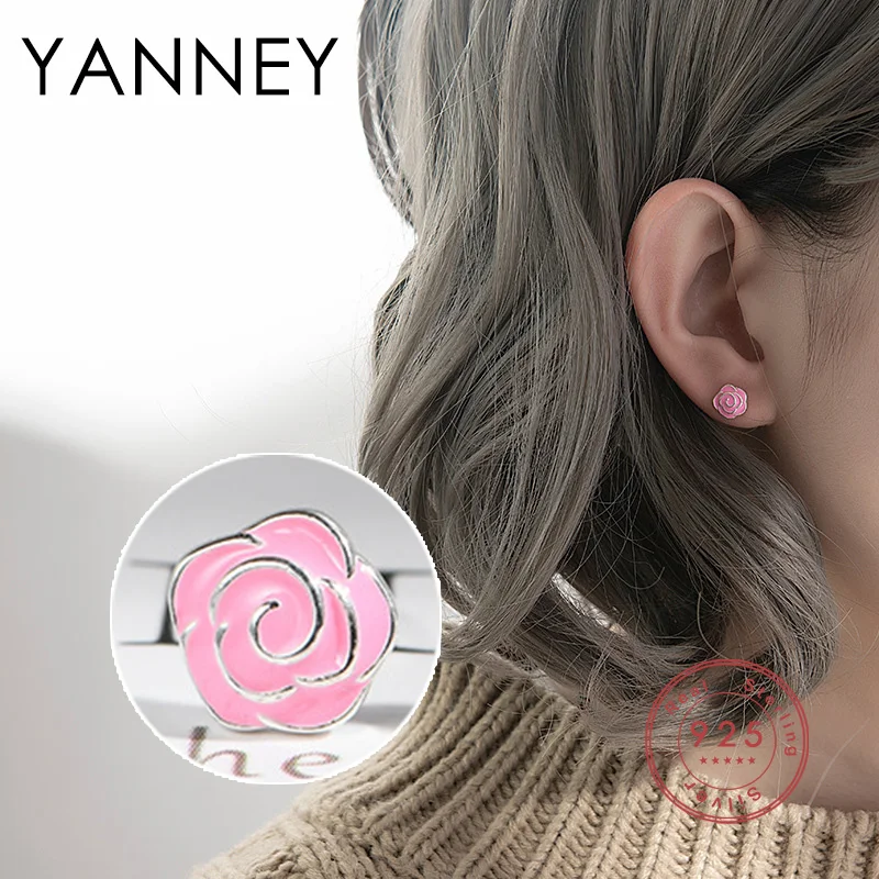 

YANNEY Silver Color Fashion Rose Stud Earrings Woman Simple Sweet Pink Flower Jewelry Accessories Anniversary Gift