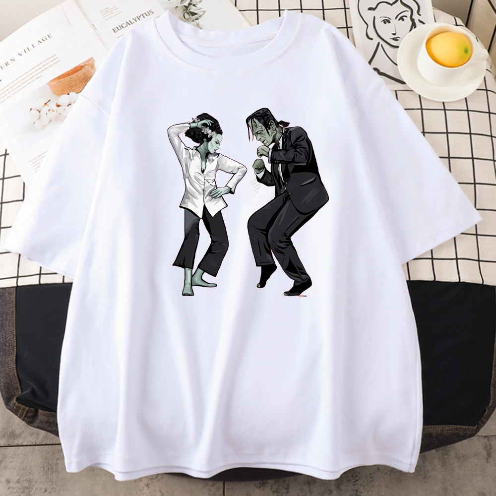 

Pulp Frankenstein Print T-Shirt Women O-Neck Cotton Tops Harajuku Grace Brand Loose T-Shirt Femme