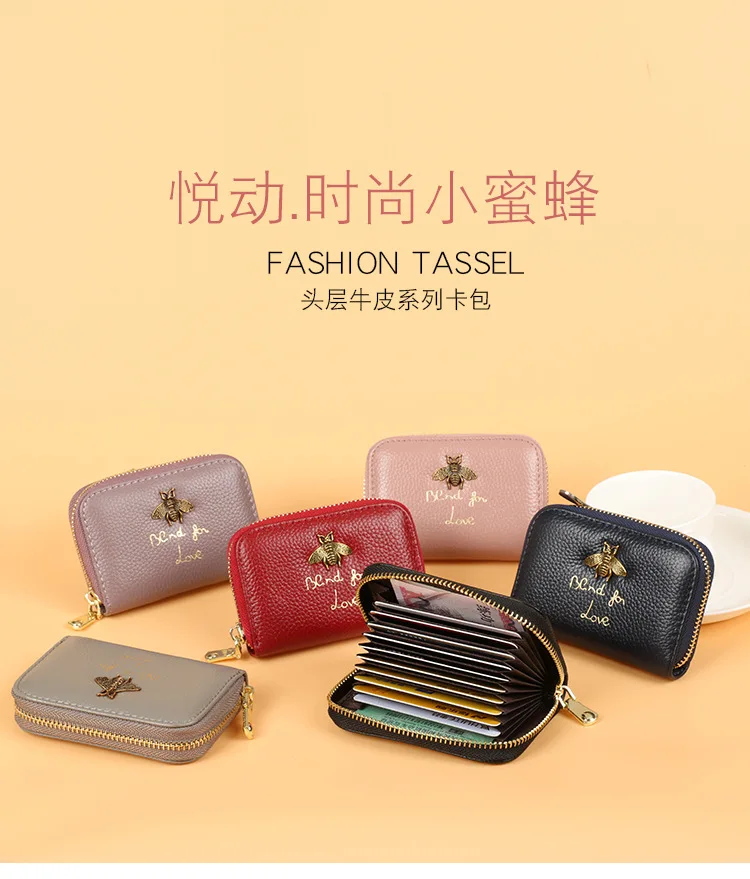 

Top Layer Cowhide Organ Card Bag Women's Multi Card Position Leather Zipper Business Card Clip Small Zero Wallet Card Sleeve