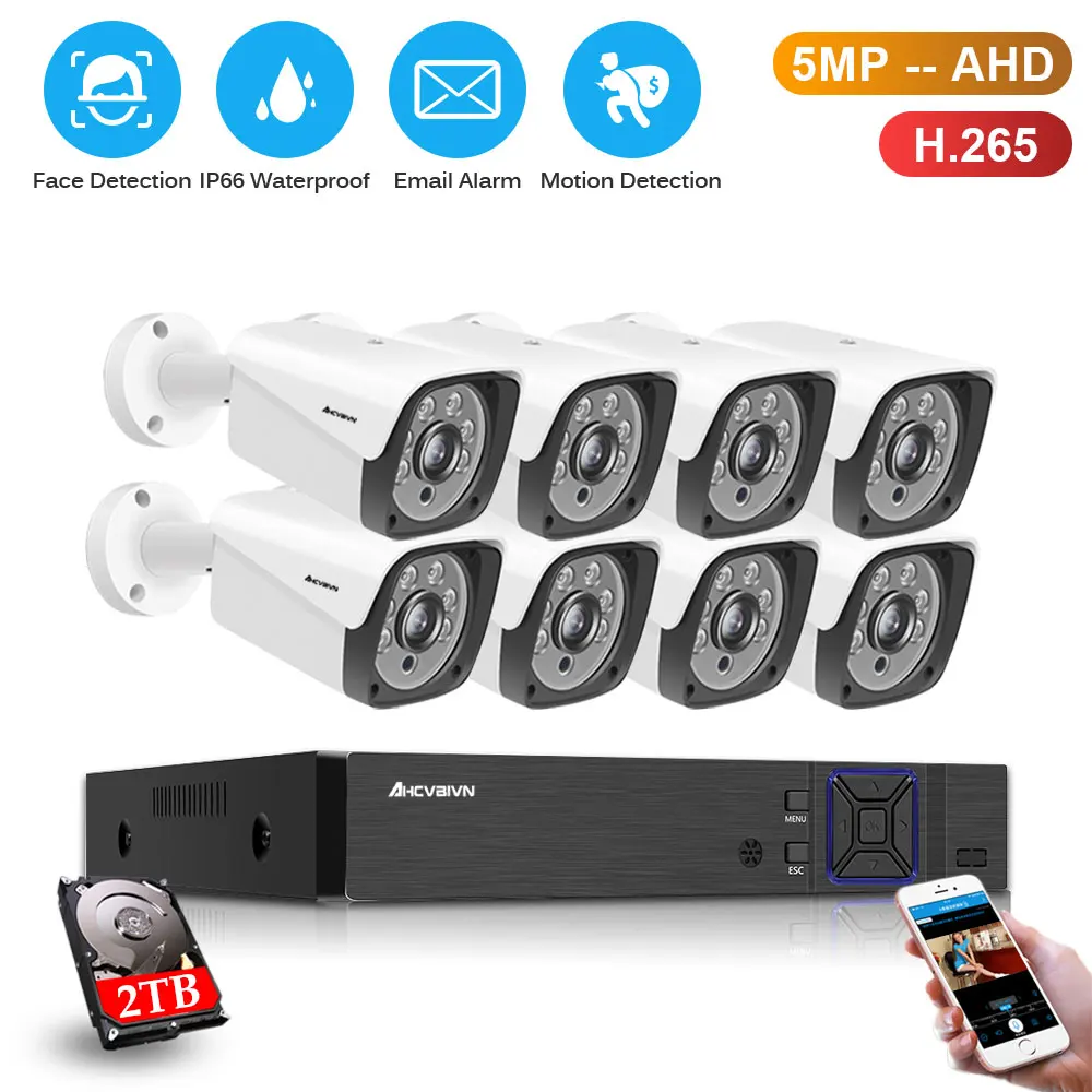 

H.265 8CH DVR Kit Home Security Surveillance Alarm System 5MP 8CH CCTV Outdoor Waterpfoof AHD Camera WIFI Motion Face Detection