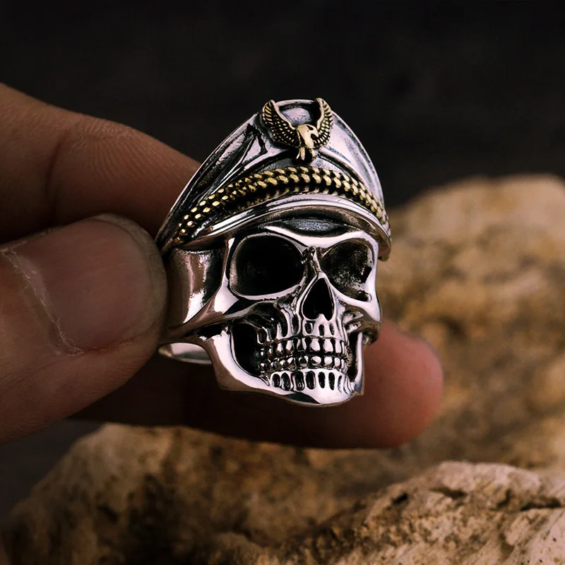 

Fashion Gothic Punk Retro Exaggerated Metal Demon Skull Death Officer Captain Men's Open Ring Adjustable