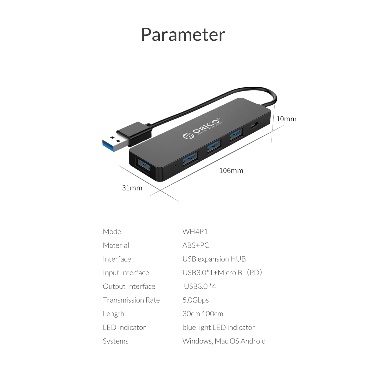 ORICO высокоскоростной 4 порта USB 3,0 концентратор с портом питания USB2.0 сплиттер OTG адаптер для iMac ноутбука Аксессуары для настольных ПК