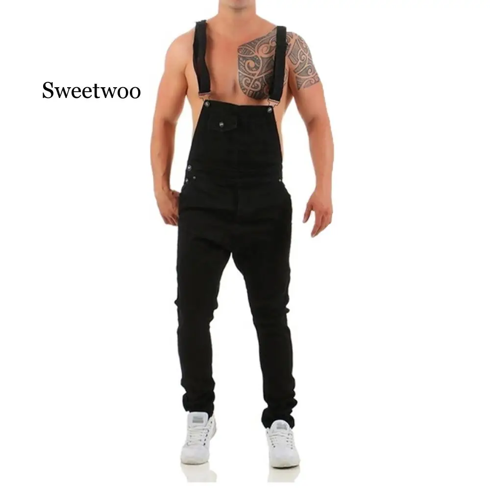 Мужской джинсовый комбинезон на подтяжках модный рваный с эффектом потертости в