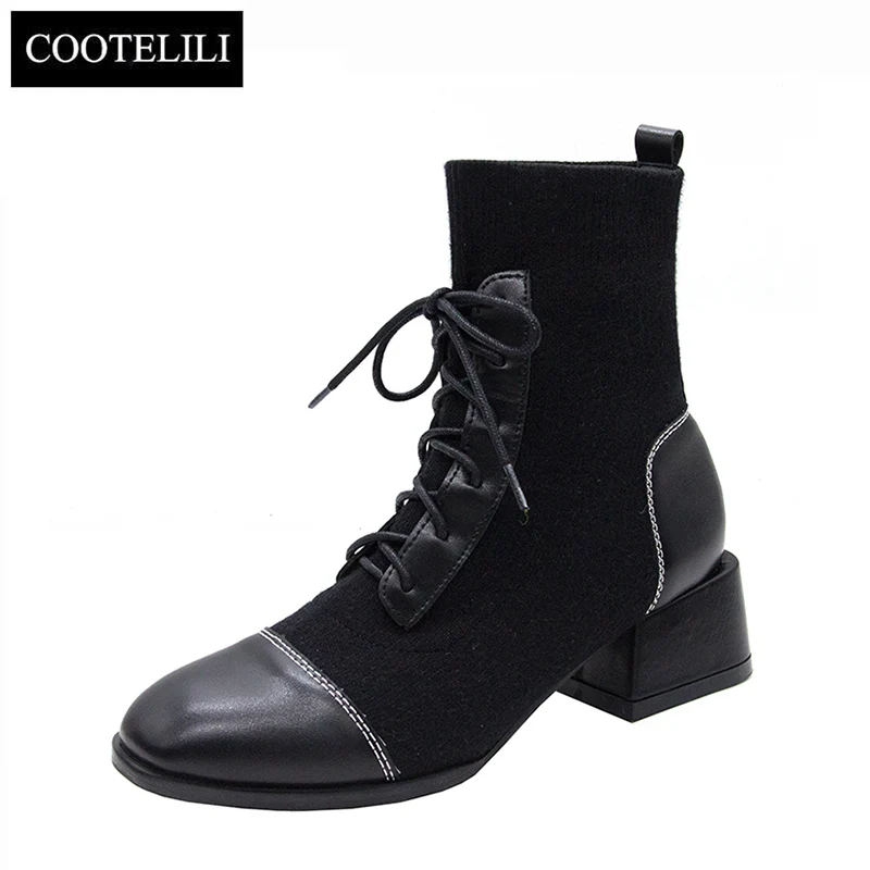 

COOTELILIl Women Warm Shoes Genuine Leather Boots Woman Fall Winter Boots 2019 Winter Women's Shoes Ladies Booties Mid Heels
