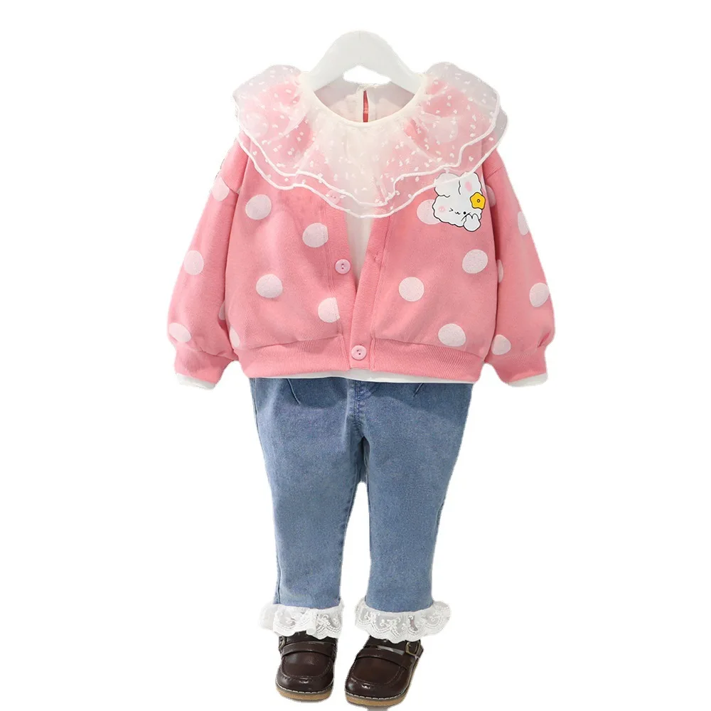 Комплект для маленьких девочек футболка с длинным рукавом + кардиган джинсы