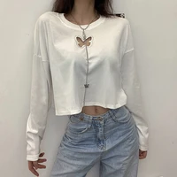 cut out hole t shirt with chic chain decoration casual college style women cotton tops spring 2021 new whiter loose streetwear