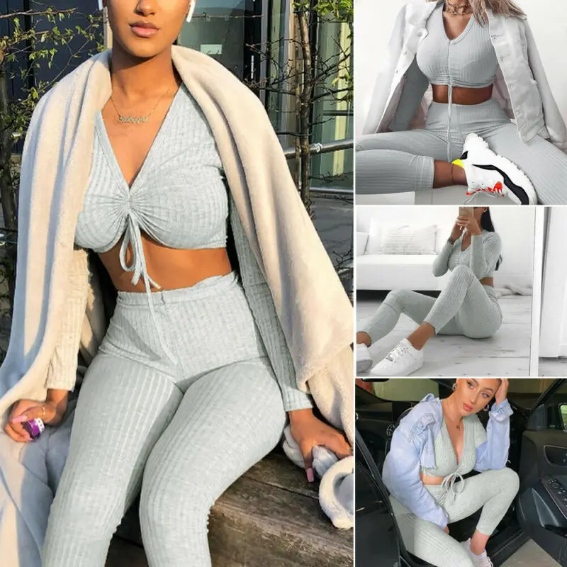 

Women Clothes Set Solid Color Long Sleeve V Neck Knitting Ruched Drawstring Slim Cropped Tops+High Waist Pants Lounge Wear Suit
