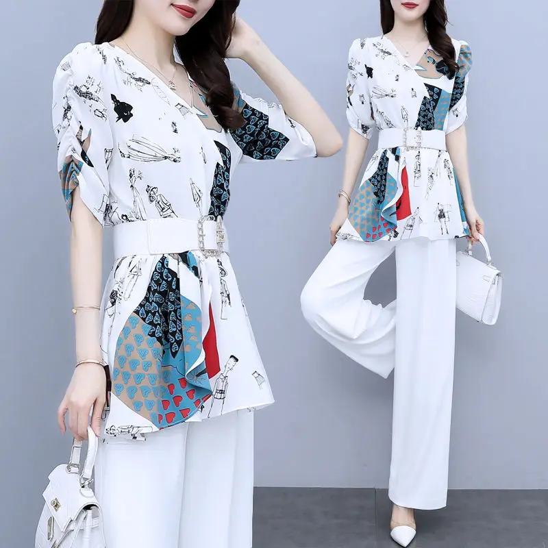 

Women Summer Two Piece Set 2022 Female Chiffon Wide Leg Pants Two-Piece Suit New Lady Suit Loose Outfit 3XL A1047