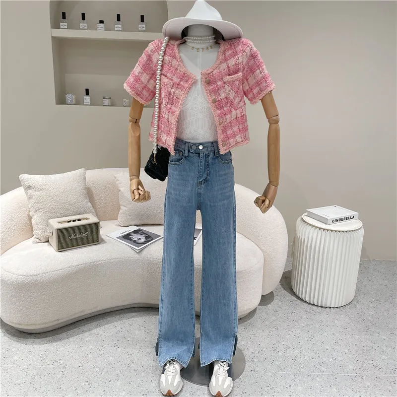 

Niche Design Women's Spring 2021 Fashion Wide Leg Pants With High Waist And Loose Straight Leg Light Blue Jeans