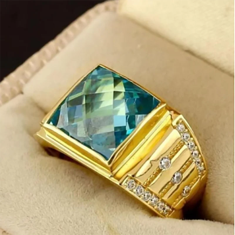 

Punkboy Men's Business Style Gold Plated Color Green Cubic Zircon Crystal Rhinestone Male Metal Ring for Party Wedding Jewelry