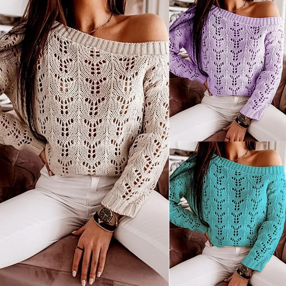 

Women Pullover Knitted Sweater Autumn Winter Long Sleeve O Neck Hollow Out Jumper Casual Streetwear Fashion Pull Femme Ladies
