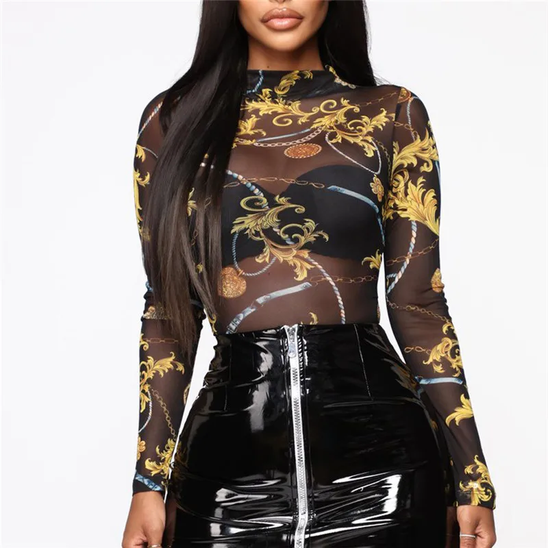 

Women Mesh Sheer T-shirt See Through Print Blouses Outwear Turtleneck Long Sleeve Tops Transparent Slim Fit Tee Shirt Bodycon