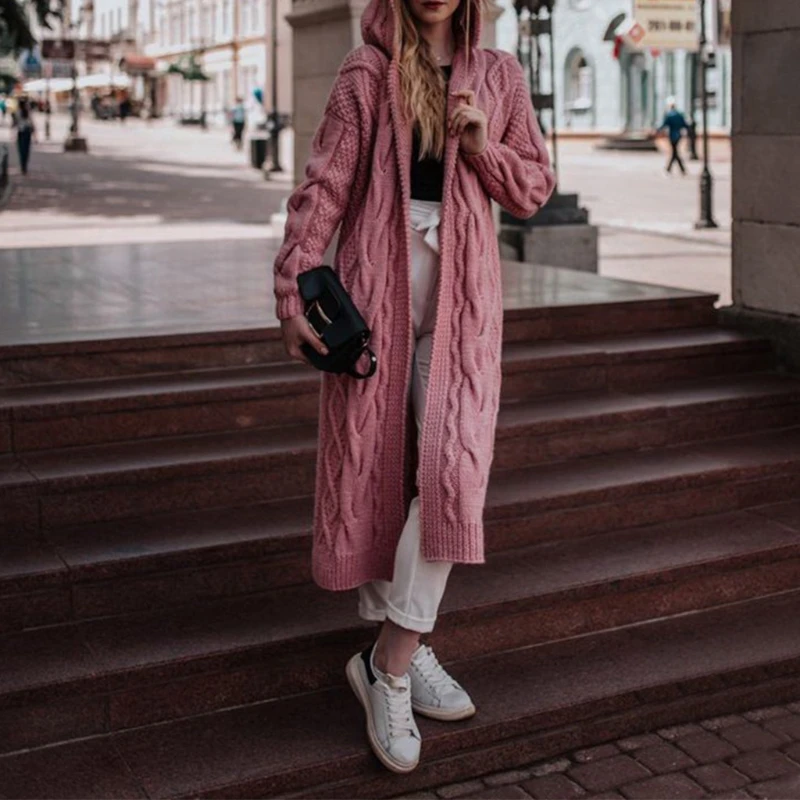 Женский осенний кардиган с капюшоном открытый передний вязаный свитер узором в