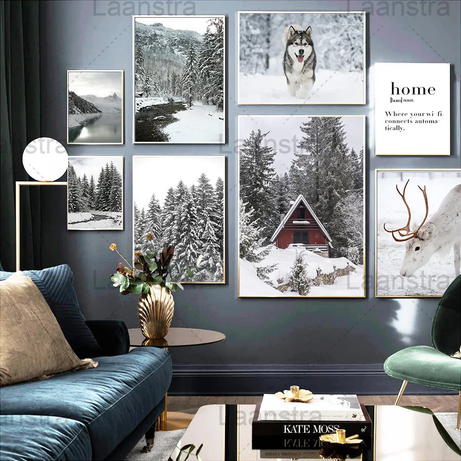 

Landscape Winter Canvas Art Painting Snowy Timber Wolf and Elk Home Decoration Poster Wooden House Mountain River Bedroom Print