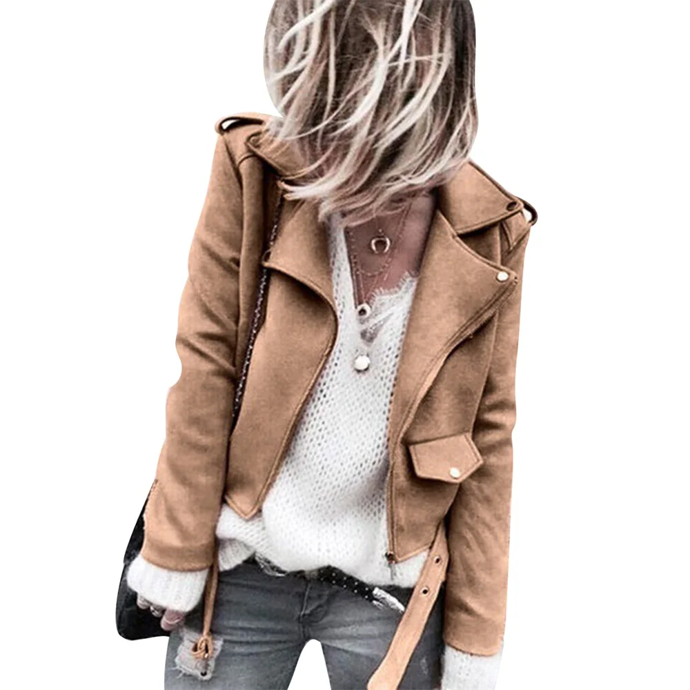 

Woman's Casual Jacket Moto Biker Solid Color Long Sleeve Short Coat Lapel Diagonal Zipper Pocket Jacket Autumn Ladies Tops