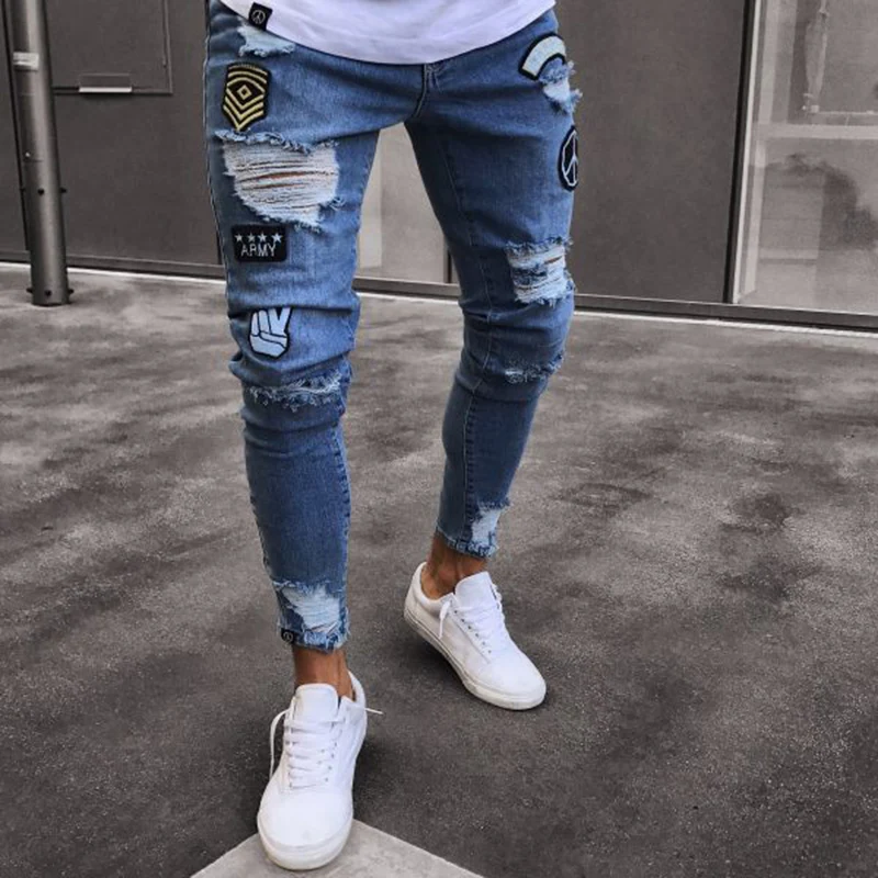 

Scissors men's elastic ripped skinny biker embroidery printed jeans ripped holes slim tailored denim