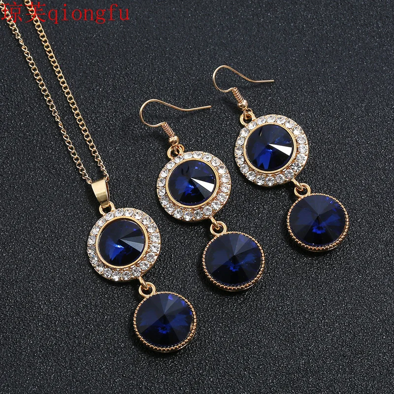 

Qiongfu 2021 New popular sapphire crystal necklace earrings jewelry European and American wedding bridal jewelry set Ball