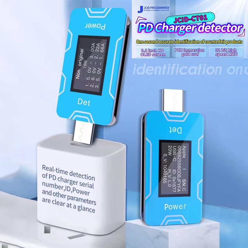 

USB-тестер JC JCID-CT01 OLED, цифровой детектор зарядного устройства PD, обнаружение тока и напряжения, определение оригинального/поддельного зарядн...