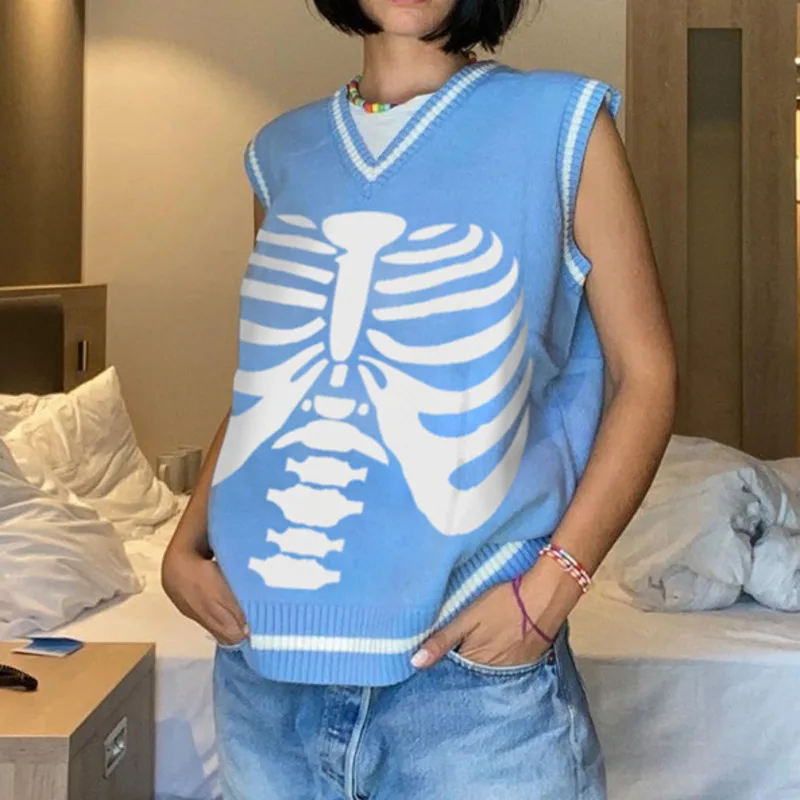 

Женский Повседневный пуловер с принтом, свободный свитер без рукавов с V-образным вырезом, уличная одежда Y2K, осенние свитера для колледжа