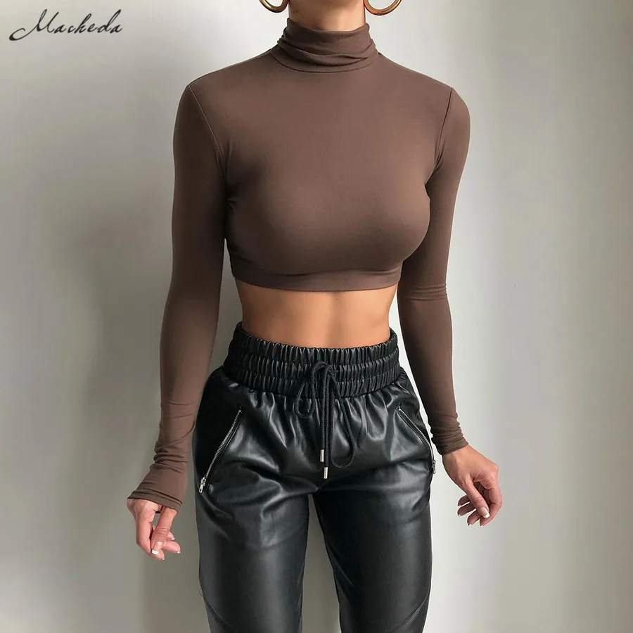 

Macheda Autumn Solid Slim T Shirt Women Fashion Casual Long Sleeve Turtleneck Clothing Lady Basis Flexible Crop Top 2020 New