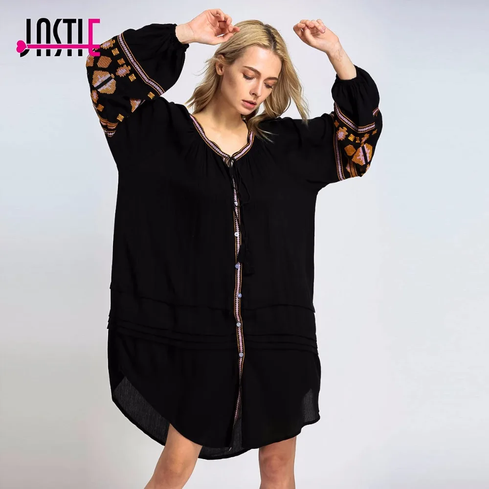 

Jastie Vintage Embroidery Boho Dress Oversize Women Dresses Lantern Sleeve Loose Beach Mini Dress Chic Casual Feminino Vestidos