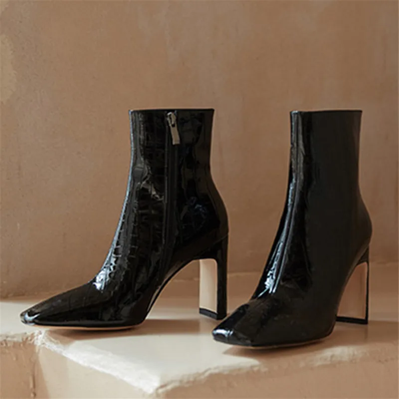 

Sexy Black Square Toe Women Ankle Boots Strange High Heel Shoes Woman Female Short Booties Retro Slim Fit Bota Feminina