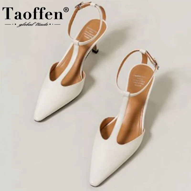 

Taoffen Women'S Sandals Real Leather T Strap Thin High Heels Pointed Toe 2021 Fashion Shoes For Women Footwear Size 34-39