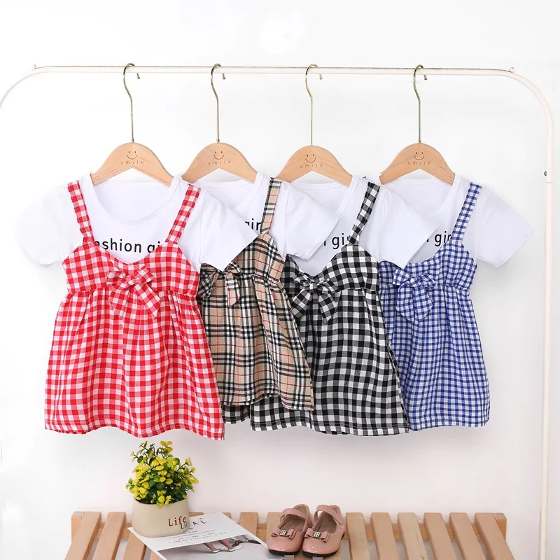 

Infants Everyday Clothes Summer Newborn Baby Girls Dresses Fake T-shirt Cute Plaided Suspender Skirt Children Sling Dress 1-5Y