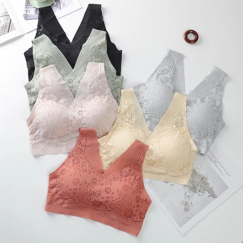 

Seamless Breathable Plus Size Lace Push Up Bras For Women Sexy Wire Free Top Lingerie V-neck Bralette Low Back Underwear
