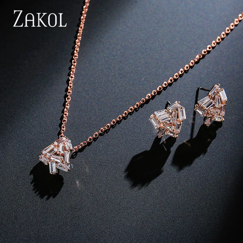 ZAKOL модные 3 цвета багет кубического циркония ожерелье и серьги набор для женщин