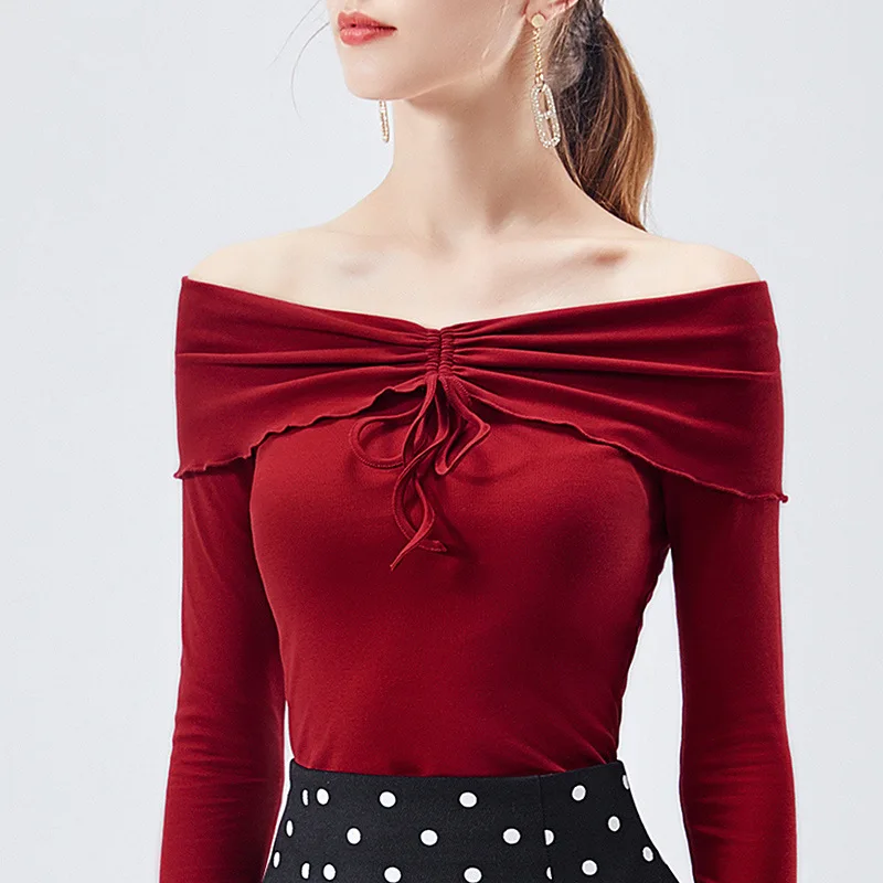 Осень новинка 2019 модные сексуальные с открытыми плечами топы футболки длинными