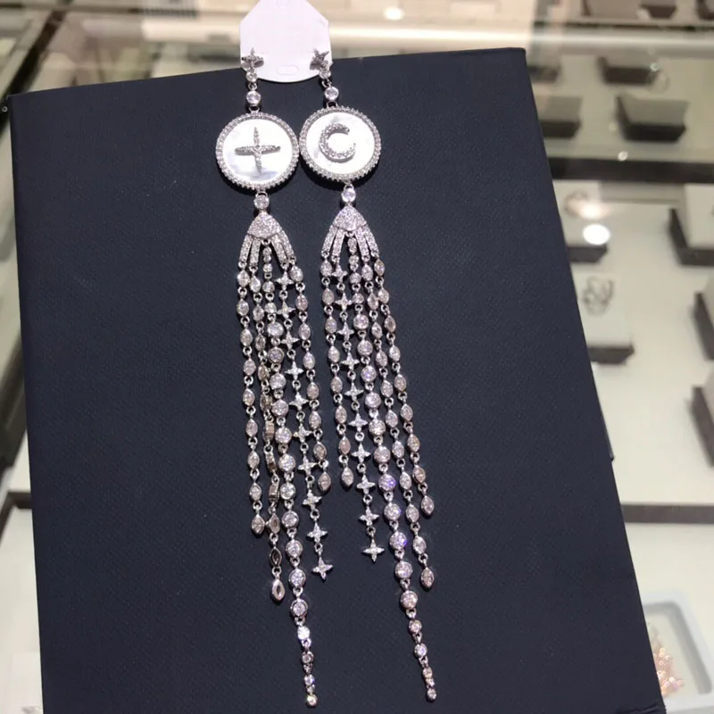 

UMGODLY Luxury Brand Cubic Zirconia Stones Moon Star Long Tassel Drop Earrings with Mother of Shell Palace Jewelry