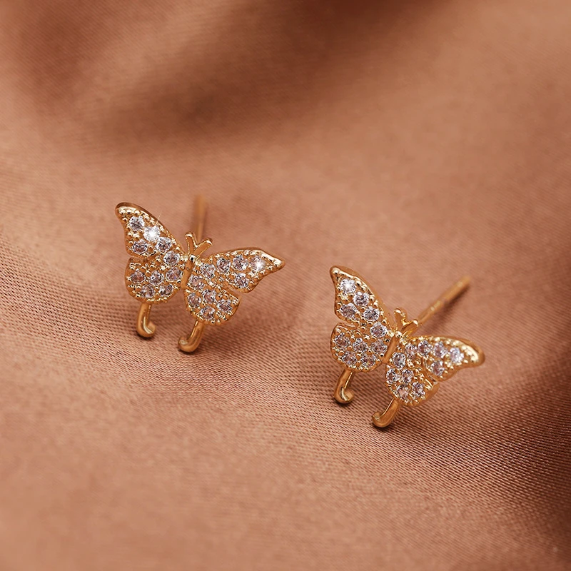 Женские позолоченные серьги-гвоздики, маленькие золотистые серьги-бабочки с индивидуальным дизайном, 14 к
