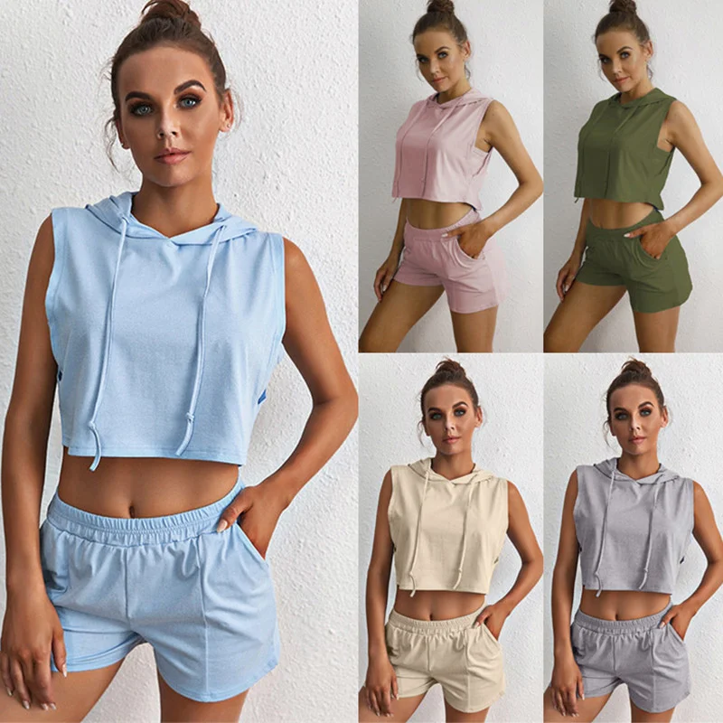 

Women Hoodie Sweatshirt Set Solid Sleeveless Female 2 Pieces Tracksuit Lace Up Crop Top+shorts Pockets 2021 Summer Casual Sports